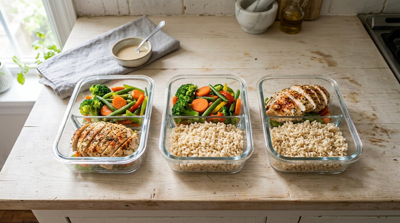 simple balanced meal prepped in containers next to running shoes on a kitchen counter