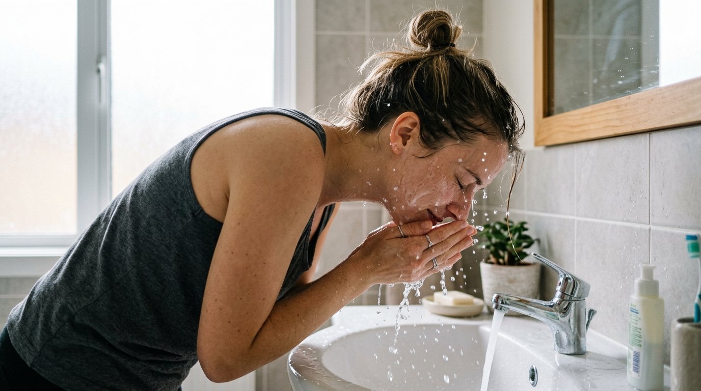 woman splashing cold water on her face as a diy stress relief activity