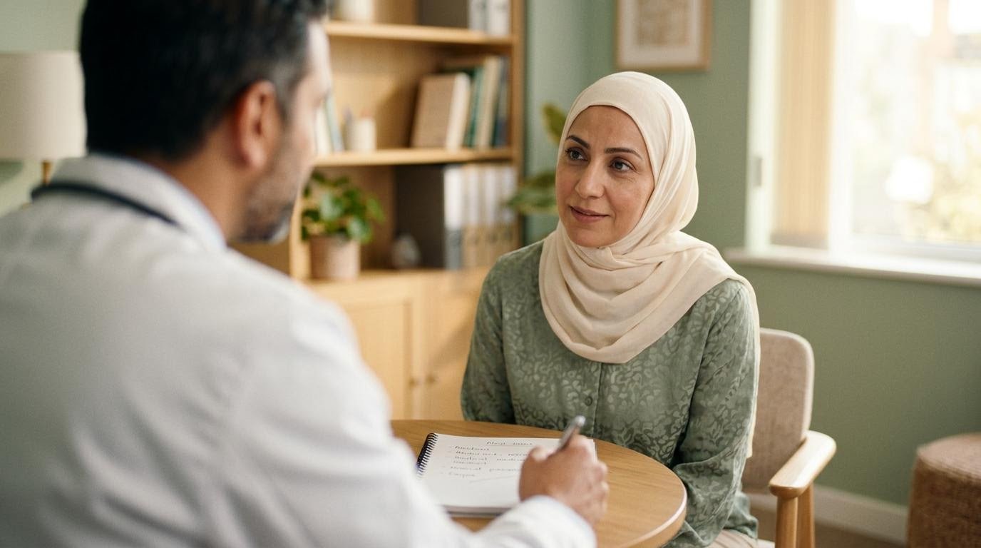 Woman in a consultation with her doctor discussing belly fat treatment options