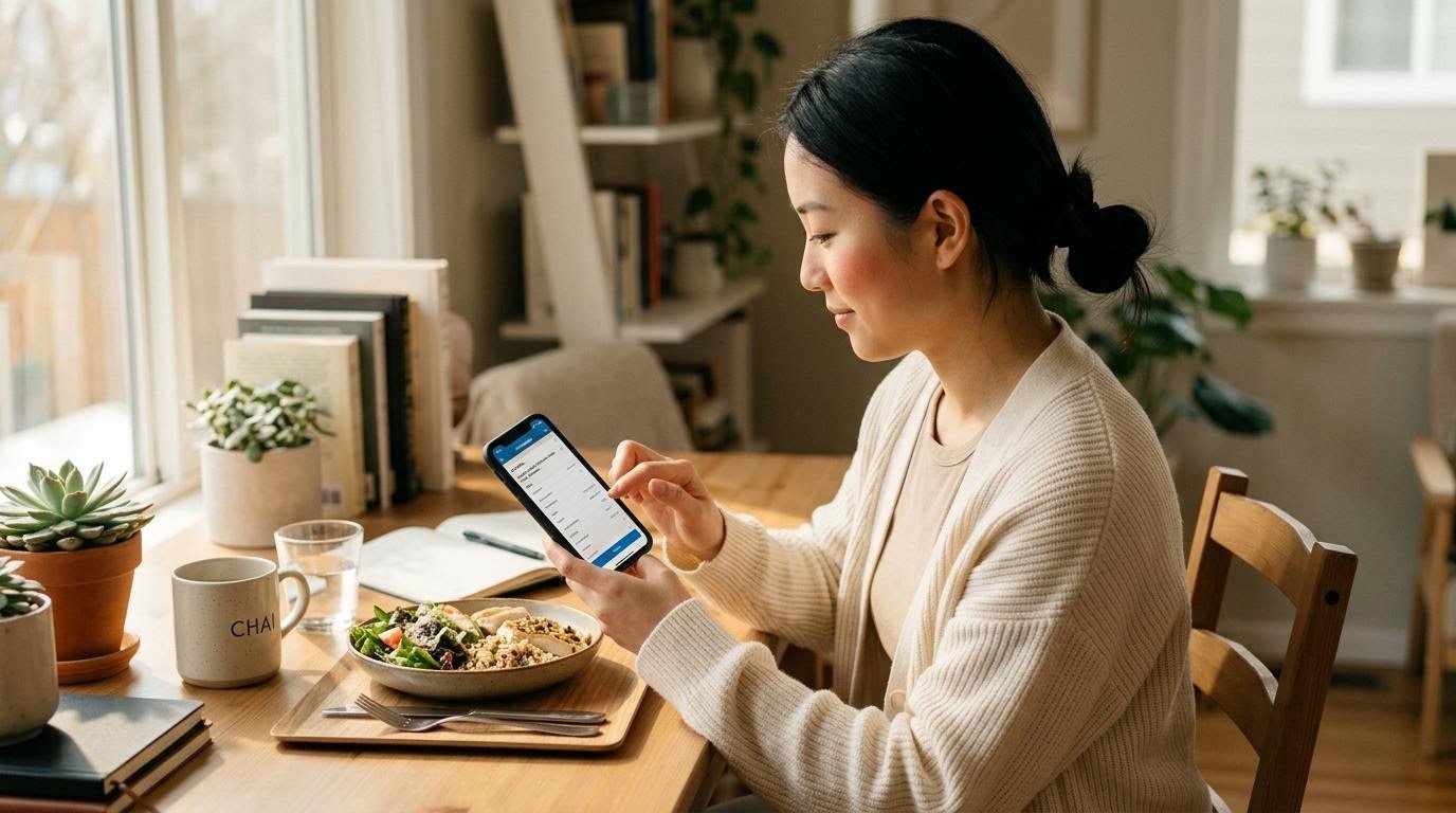 woman logging her meals into a calorie tracking app at a sunlit desk