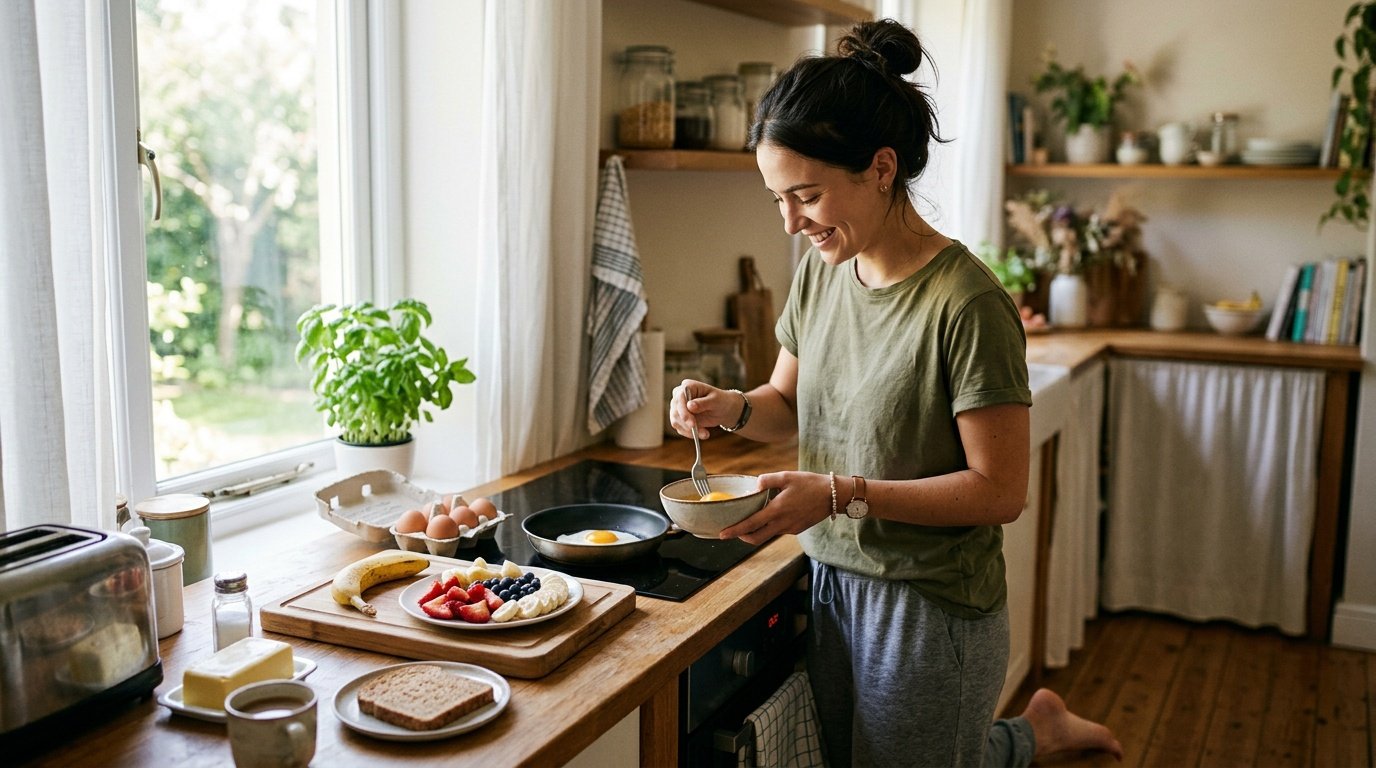 easy weight loss tips at home shown as a woman prepping a simple breakfast on her kitchen counter