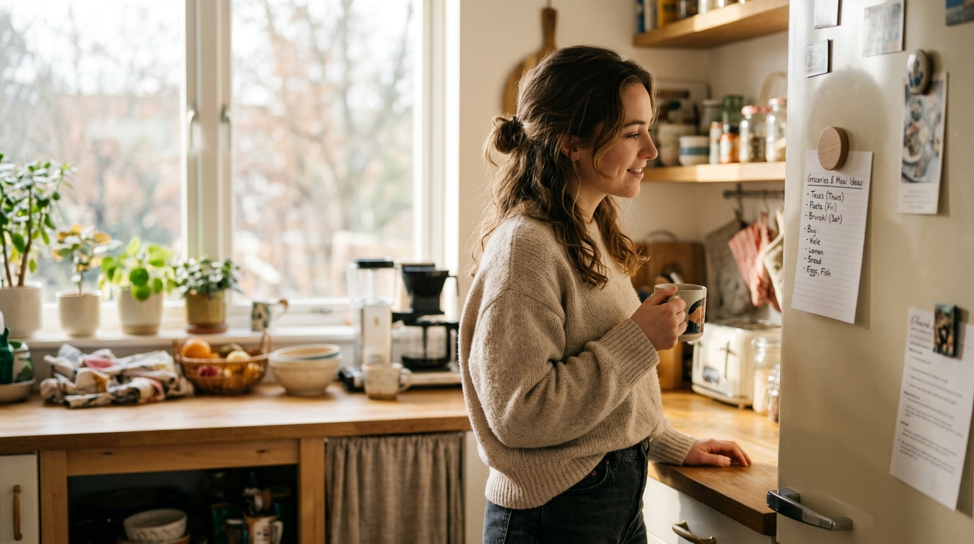 Young woman using effective weight loss tips while meal planning in a bright kitchen