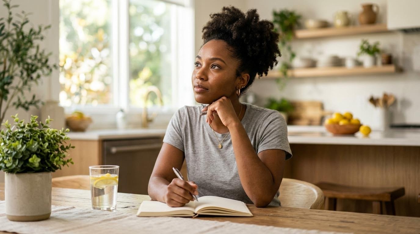 Woman with a notebook and lemon water working through electrolyte drink questions at a kitchen table