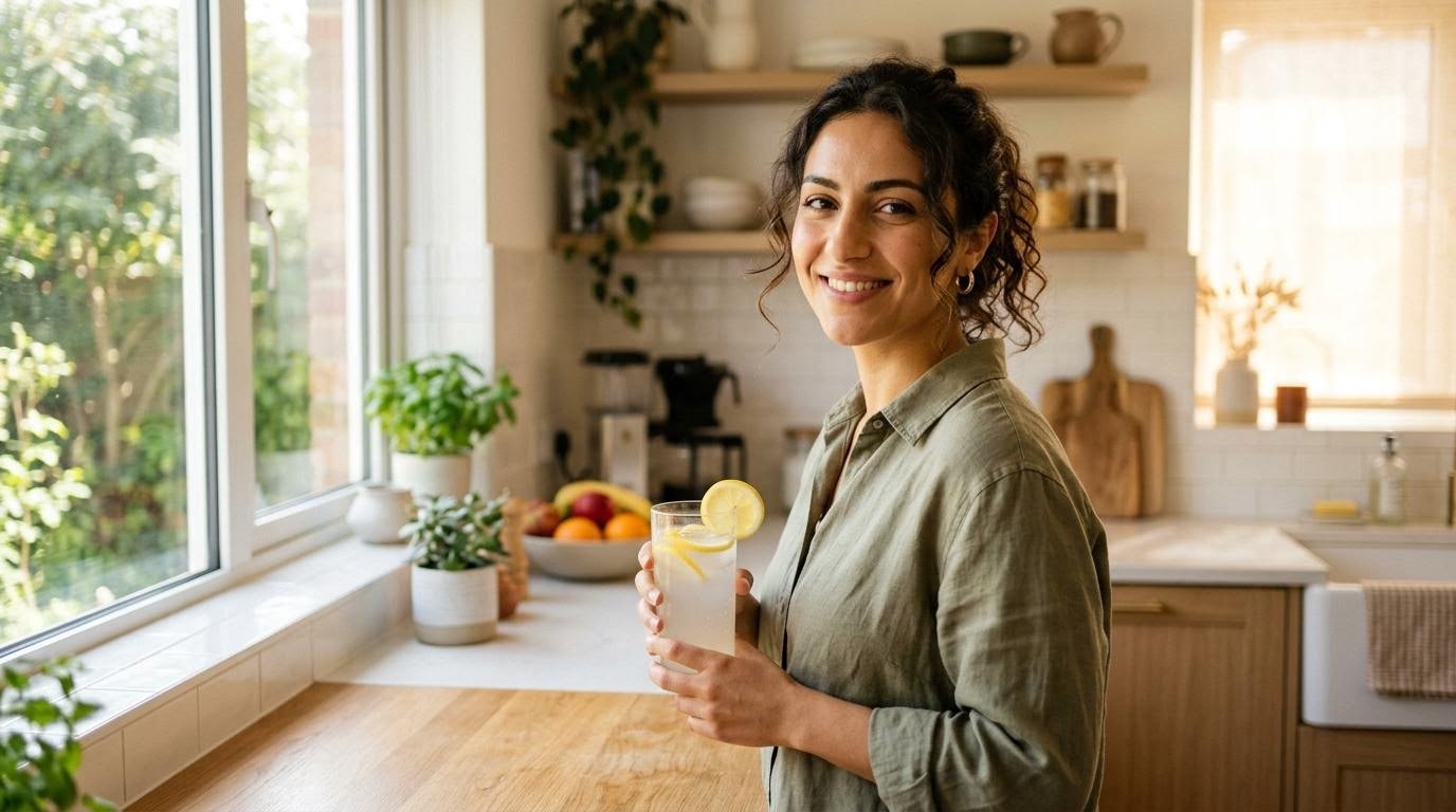 Woman holding a glass of electrolyte drink homemade with lemon slices in a bright kitchen
