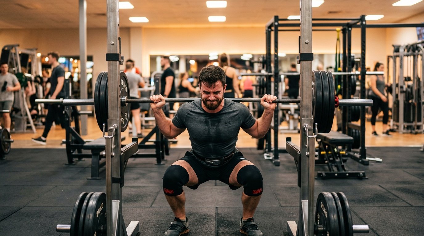man performing a strength training session at the gym in the evening