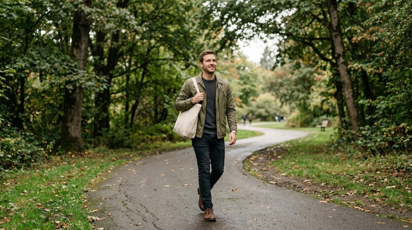 Man walking through a park on a daily errand, an easy habit to reduce belly fat without exercise