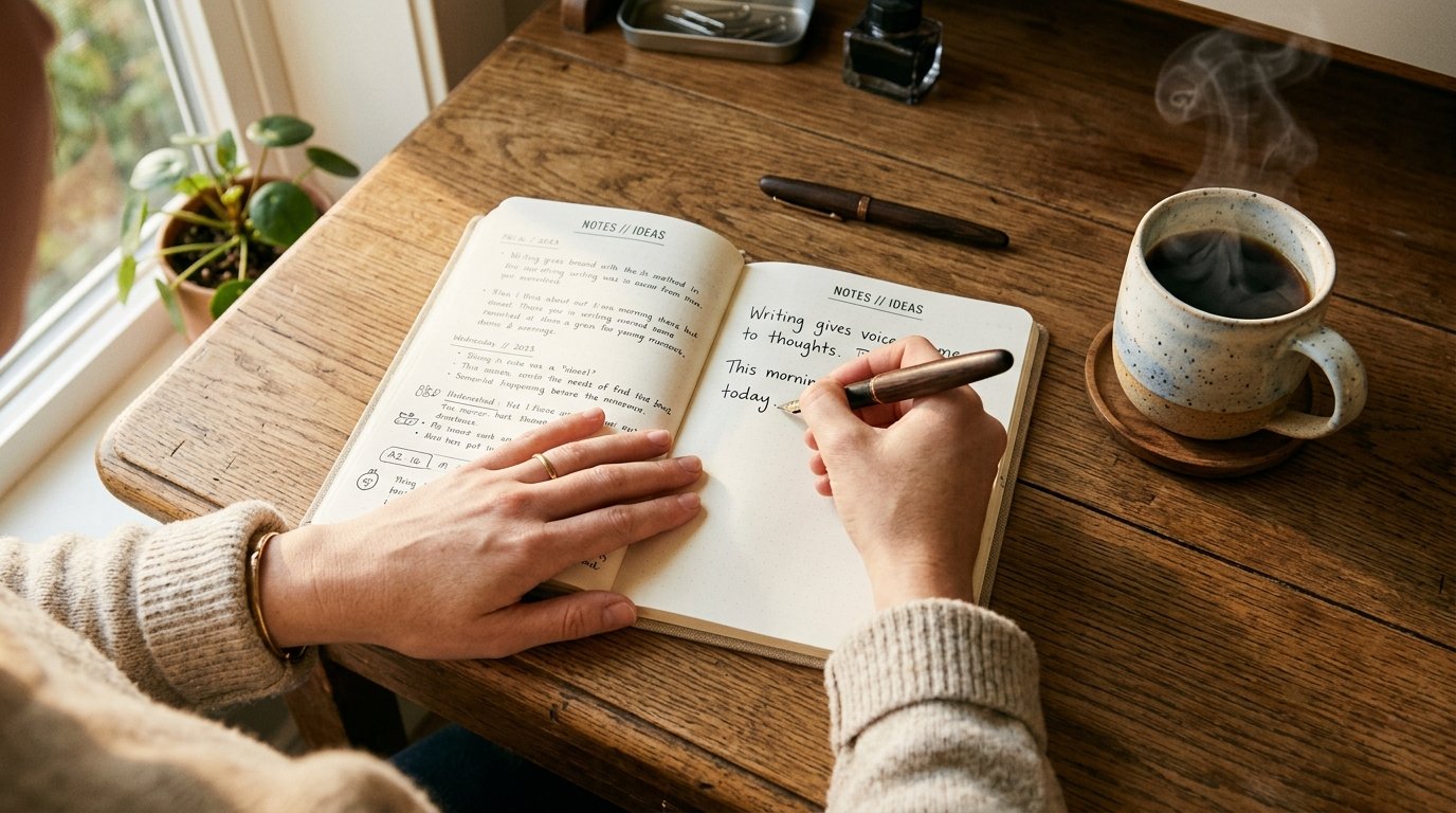 person journaling at a wooden desk with morning light, practicing evidence based mental health practices