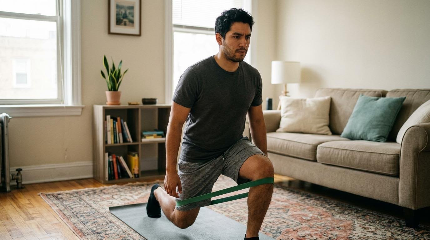 Man doing a resistance band lunge in his living room as an example of fitness goals at home
