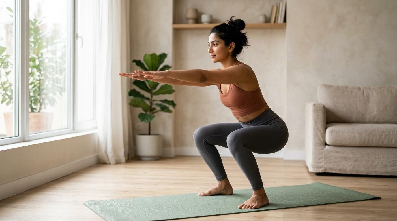 South Asian woman doing a bodyweight squat at home, one of the fat burning exercises belly fat responds to