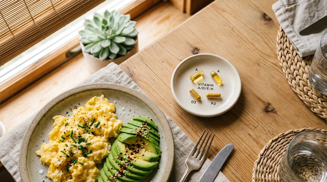 fat-soluble vitamin capsules placed beside a breakfast plate of eggs and avocado