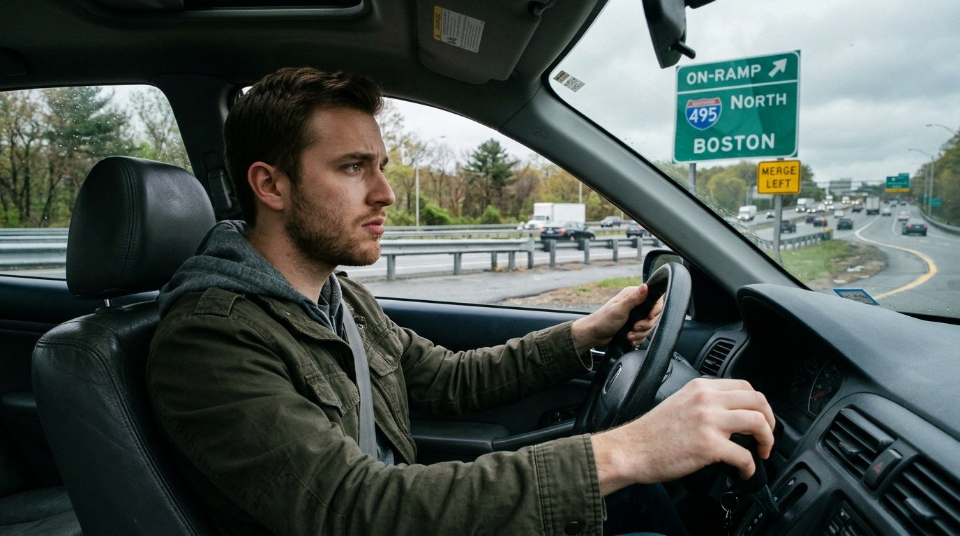 driver pausing beside a highway on-ramp, illustrating the specific phobia known as amaxophobia
