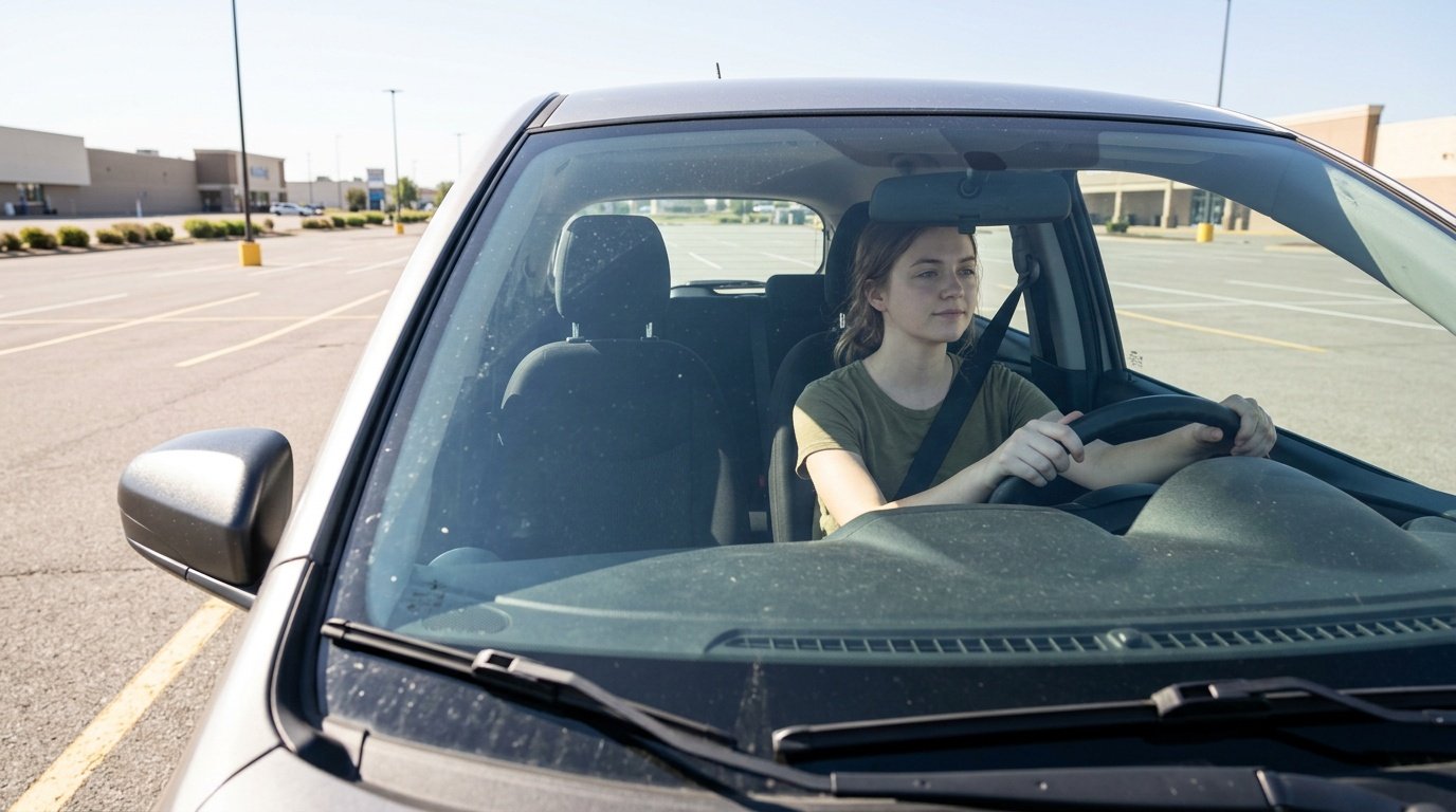 driver practicing a low-stress parking lot drive as an early step on a fear of driving anxiety exposure ladder