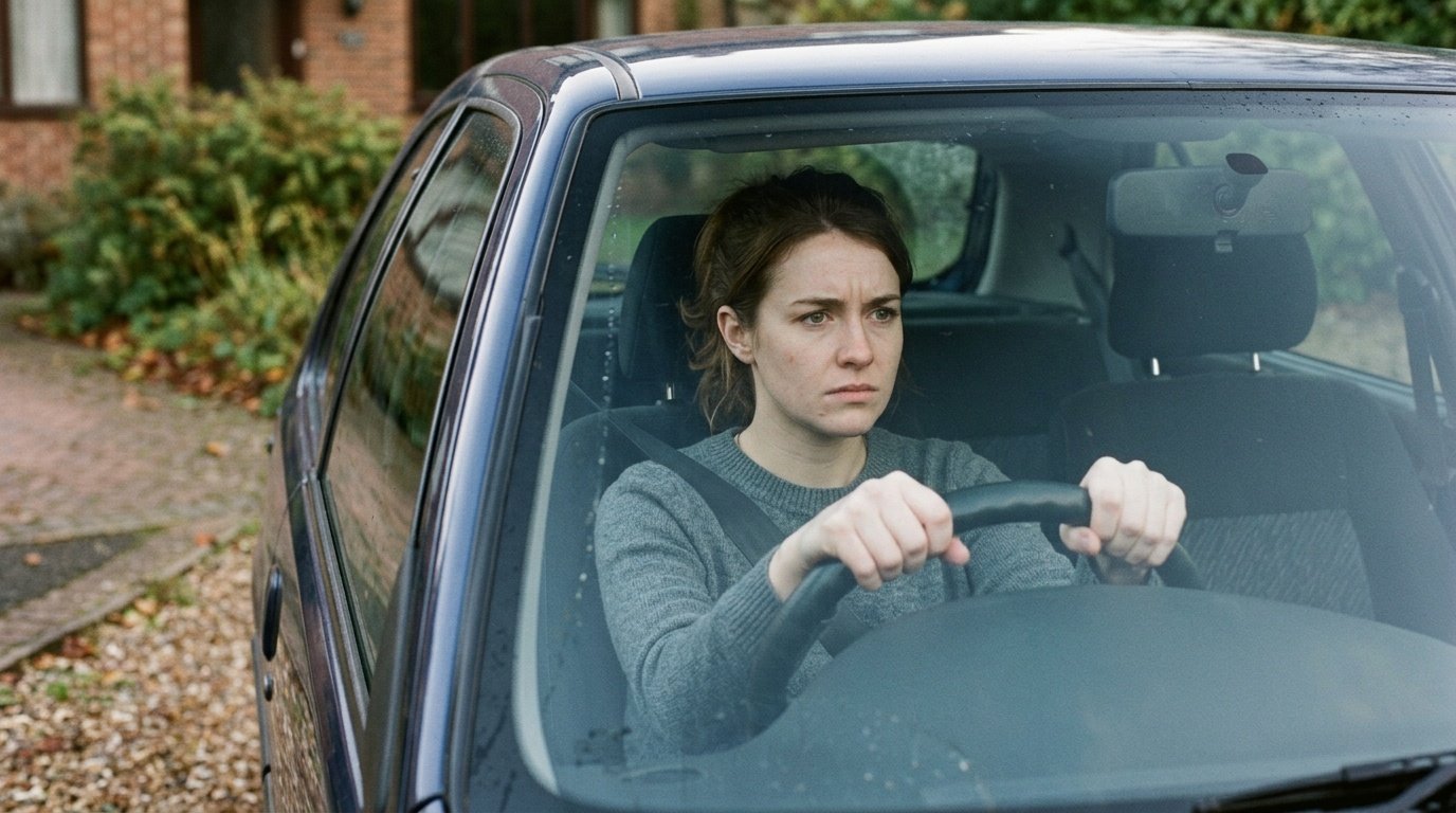 fear of driving anxiety shown through a young woman gripping the steering wheel with white knuckles before pulling out of a driveway