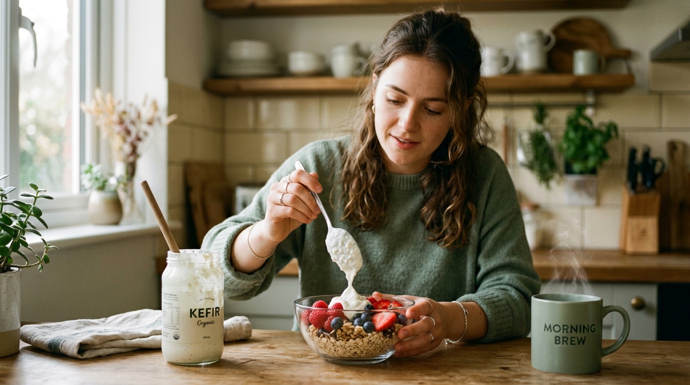 fermented food and gut health benefits shown through a kefir and berry breakfast bowl