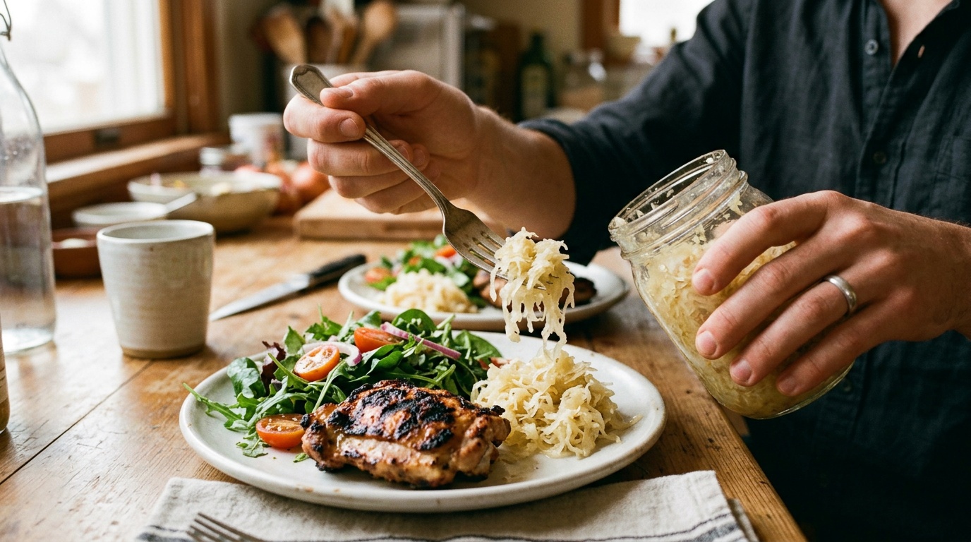 portioning sauerkraut as part of a balanced meal for gut health