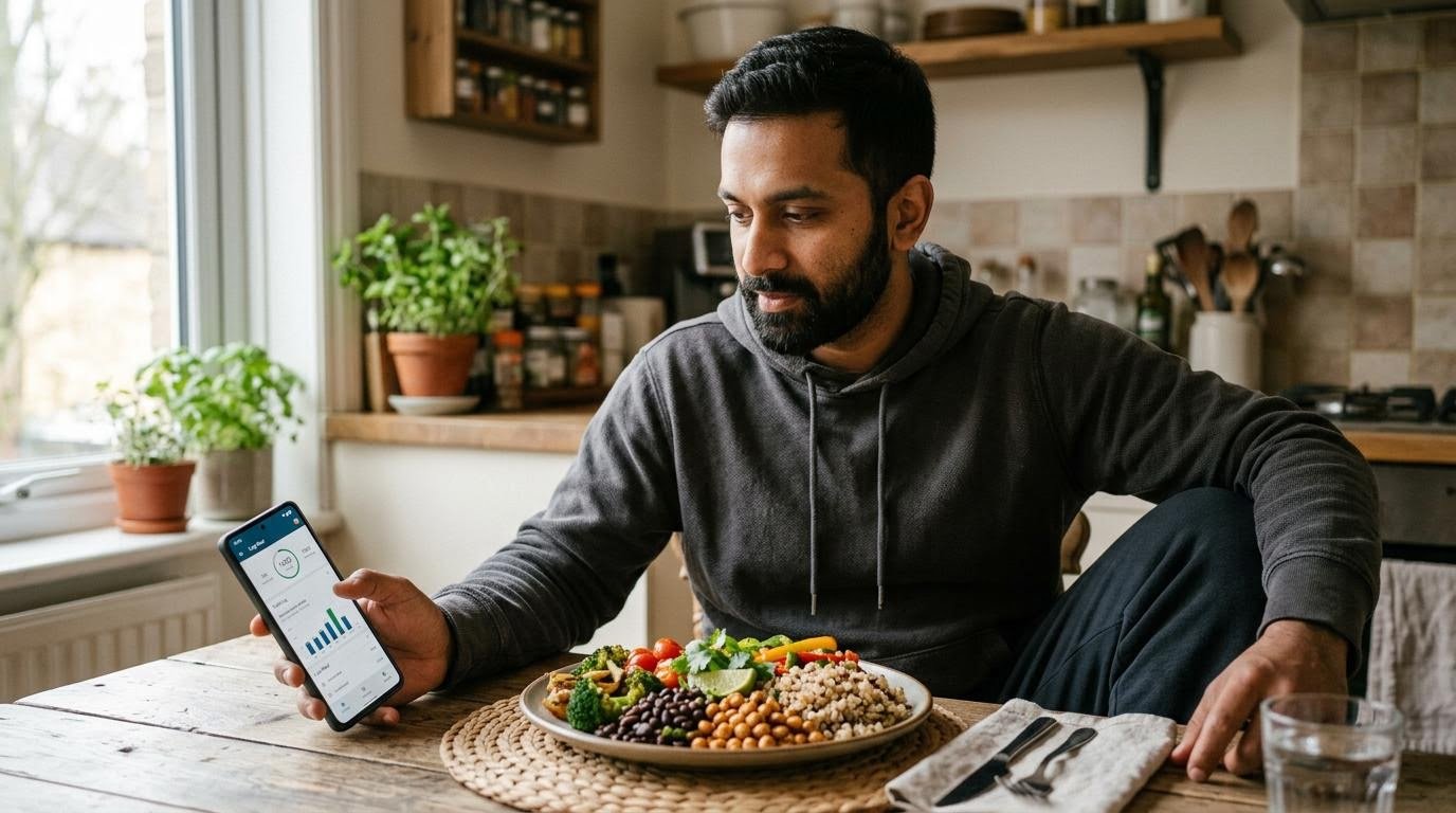South Asian man comparing a calorie tracking app on his phone next to a plate of whole, high fiber foods