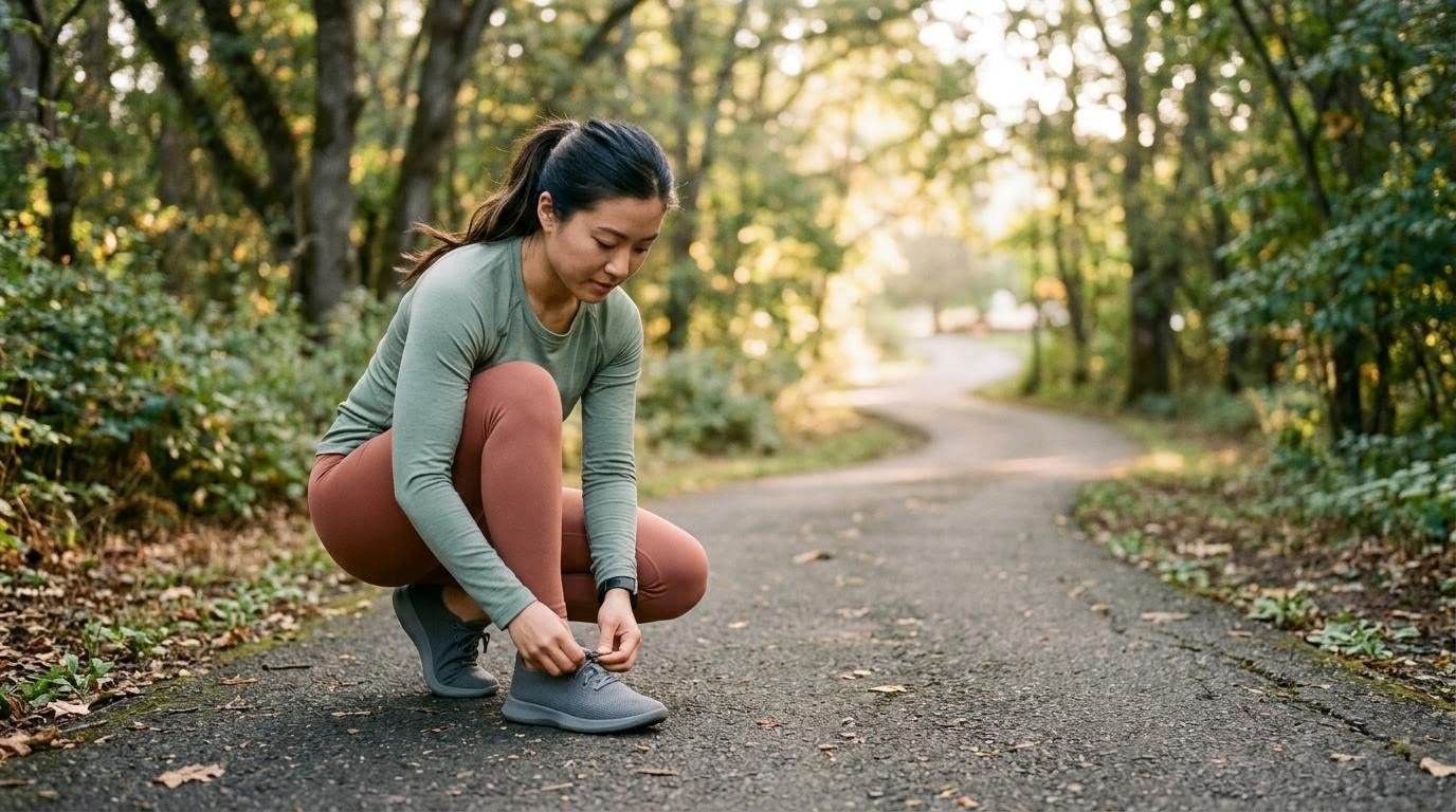East Asian woman tying her running shoes at the start of her first week of belly fat exercise