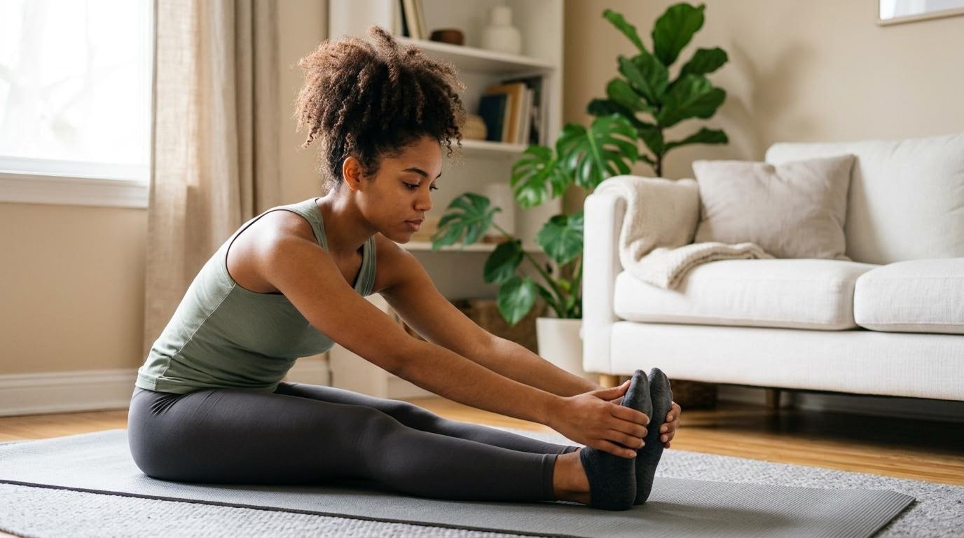Woman starting a fitness challenge for beginners with a morning stretch routine at home