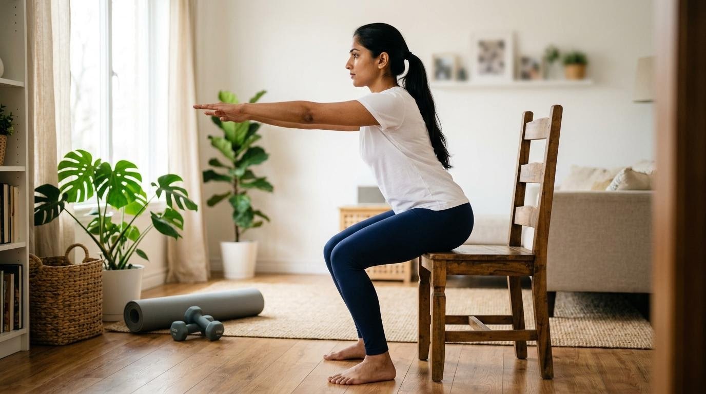 South Asian woman doing chair squats at home, one of several fitness challenge ideas