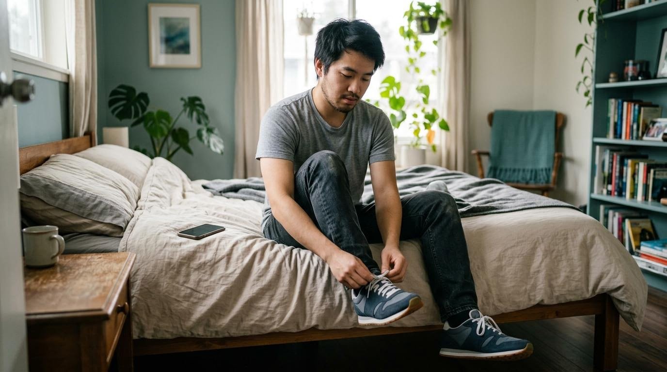 Man lacing running shoes at the edge of his bed, ready to start working toward his fitness goals