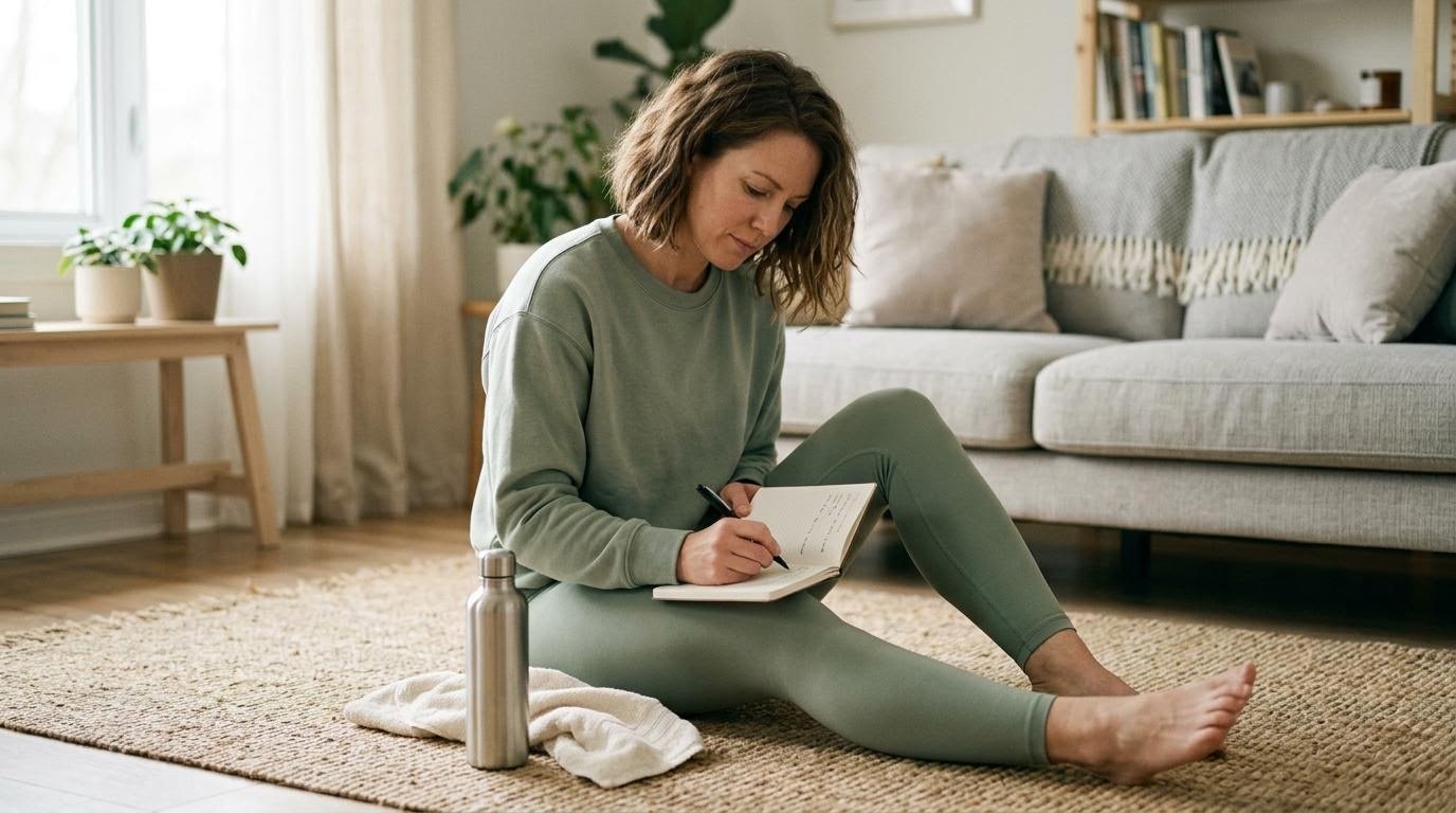 Mom recording her weekly exercise minutes in a notebook after a home workout, tracking fitness goals for moms