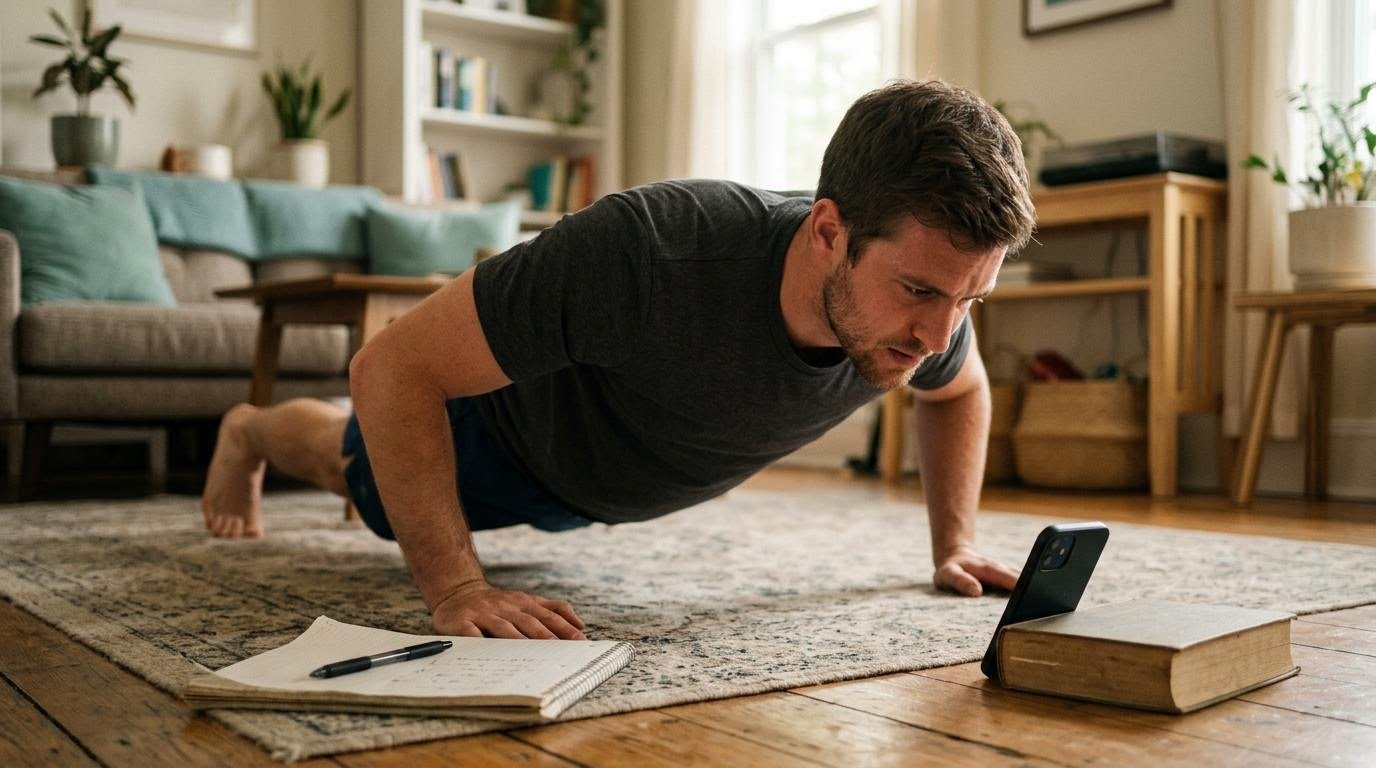Man holding a pushup position with a phone timer and notebook to track his fitness progress