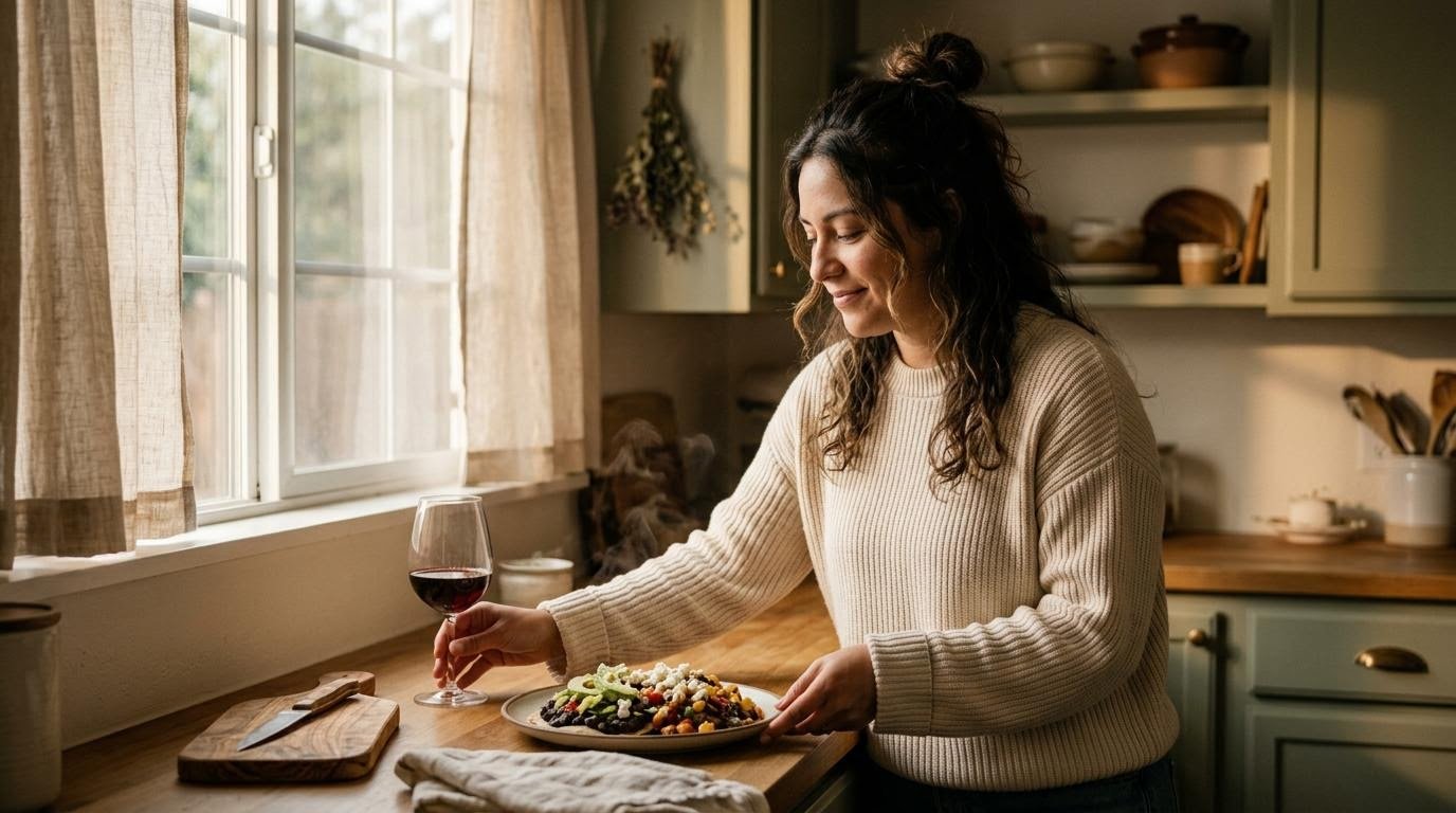 woman choosing a plate of food over a glass of wine to avoid drinking alcohol on an empty stomach after fasting