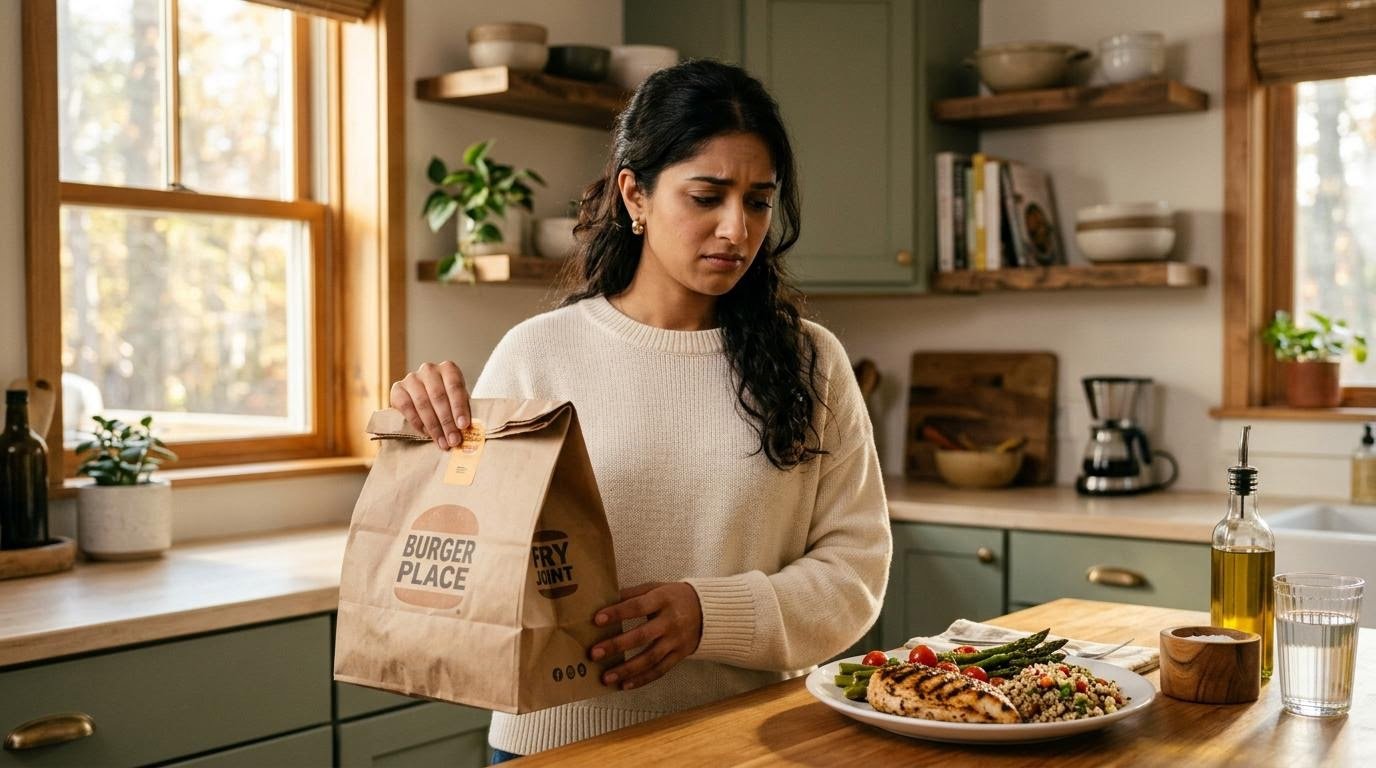 woman hesitating over a fast food takeout bag instead of a home-cooked plate of grilled chicken after breaking a fast