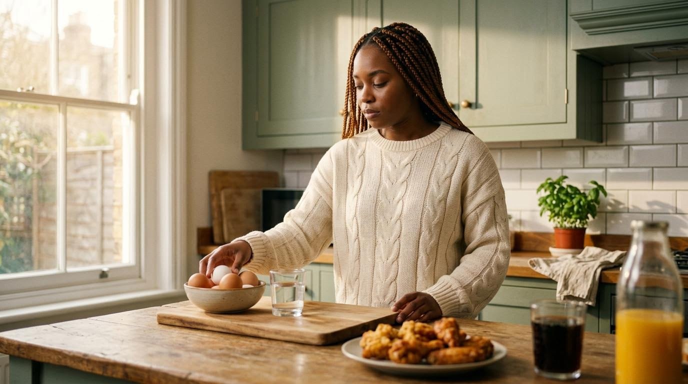 foods to avoid after fasting shown as a woman choosing fresh eggs and water over fried food, soda, and orange juice on her kitchen counter