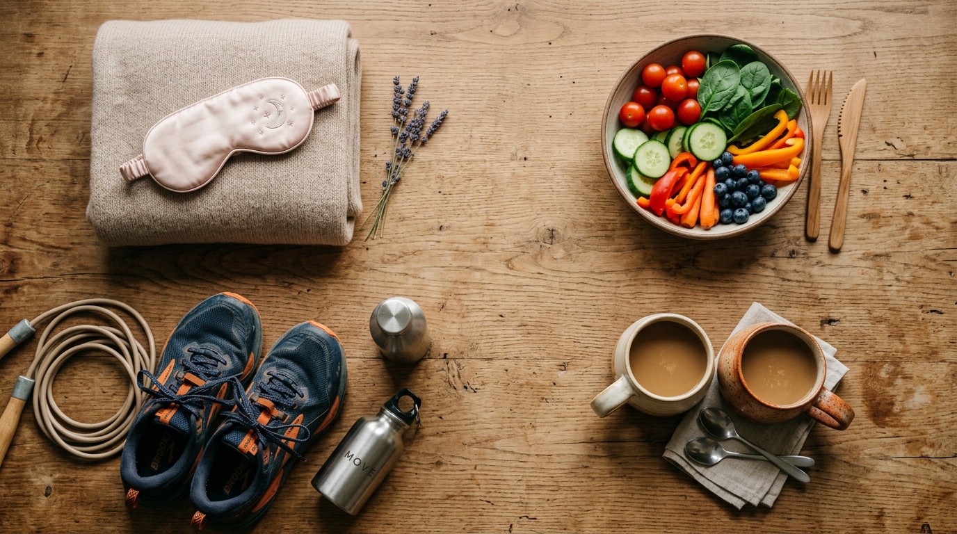 flat lay representing the four pillars of healthy habits: sleep, food, movement, connection