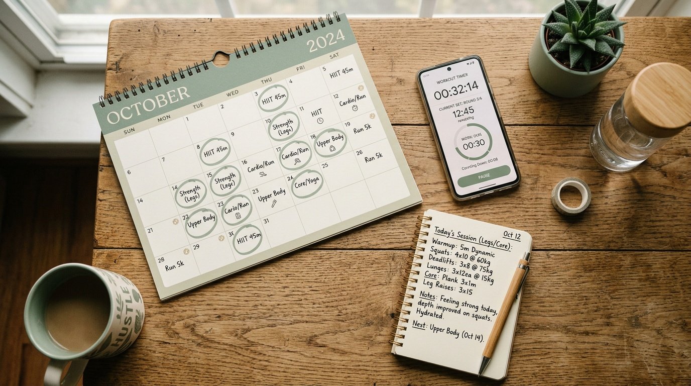 Calendar and workout tracker showing a beginner's four-week home cardio progress