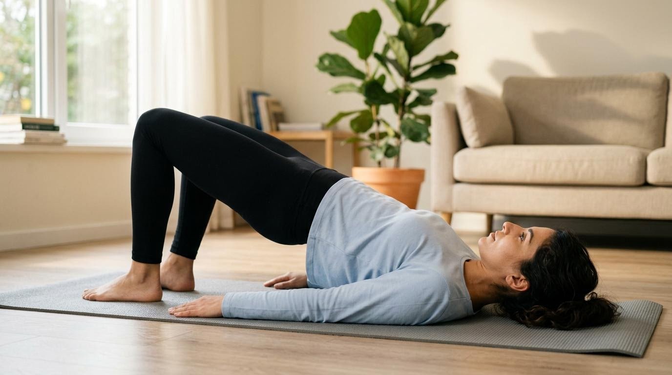 Middle Eastern woman doing glute bridges on a mat during a four-week beginner fitness challenge
