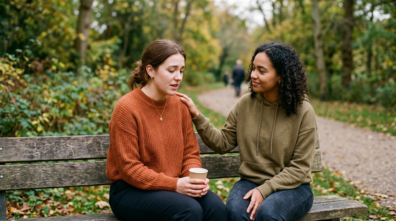 Friends having a supportive conversation about managing stress and mental health