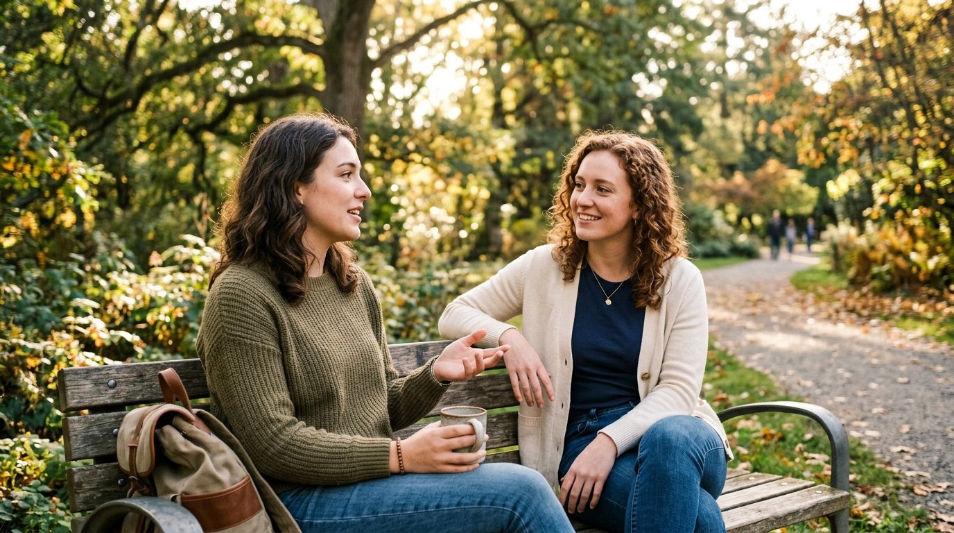 Friends having a supportive conversation, one of several stress management activities that involve connection
