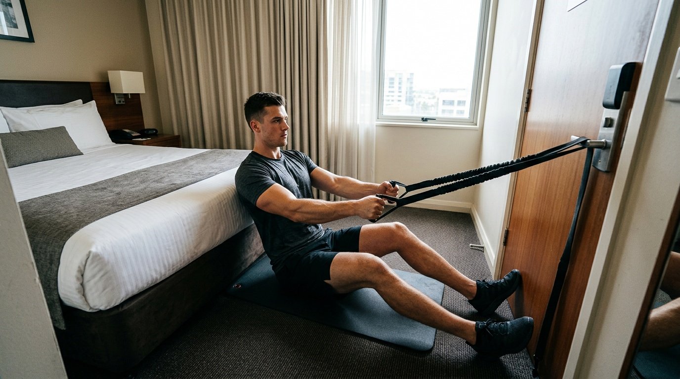 Full-body circuit using travel workout equipment in a hotel room