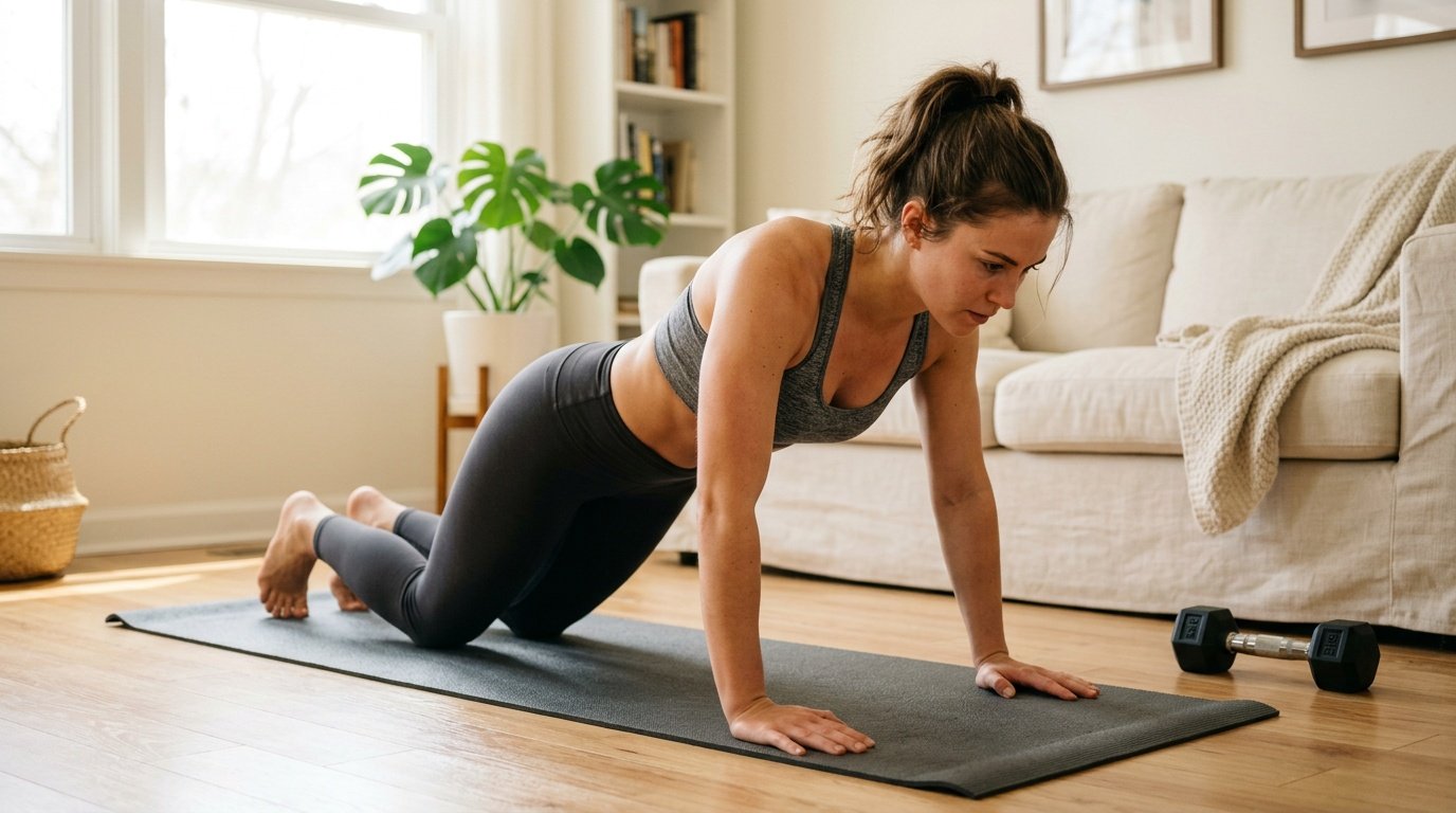 Full body workout routine for beginners demonstrated with a modified push-up