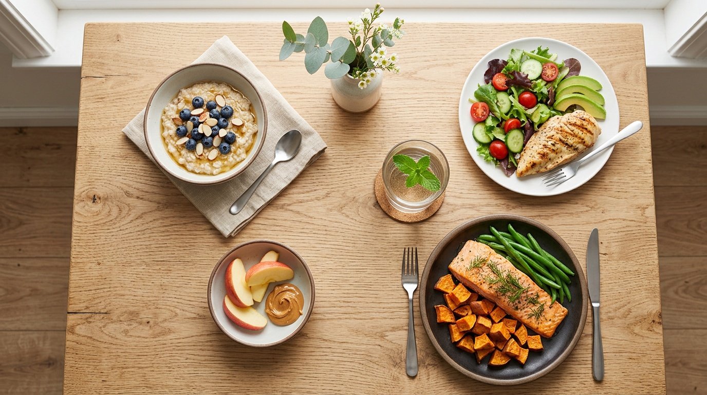 a full day of easy weight loss tips at home shown as a meal and movement flatlay