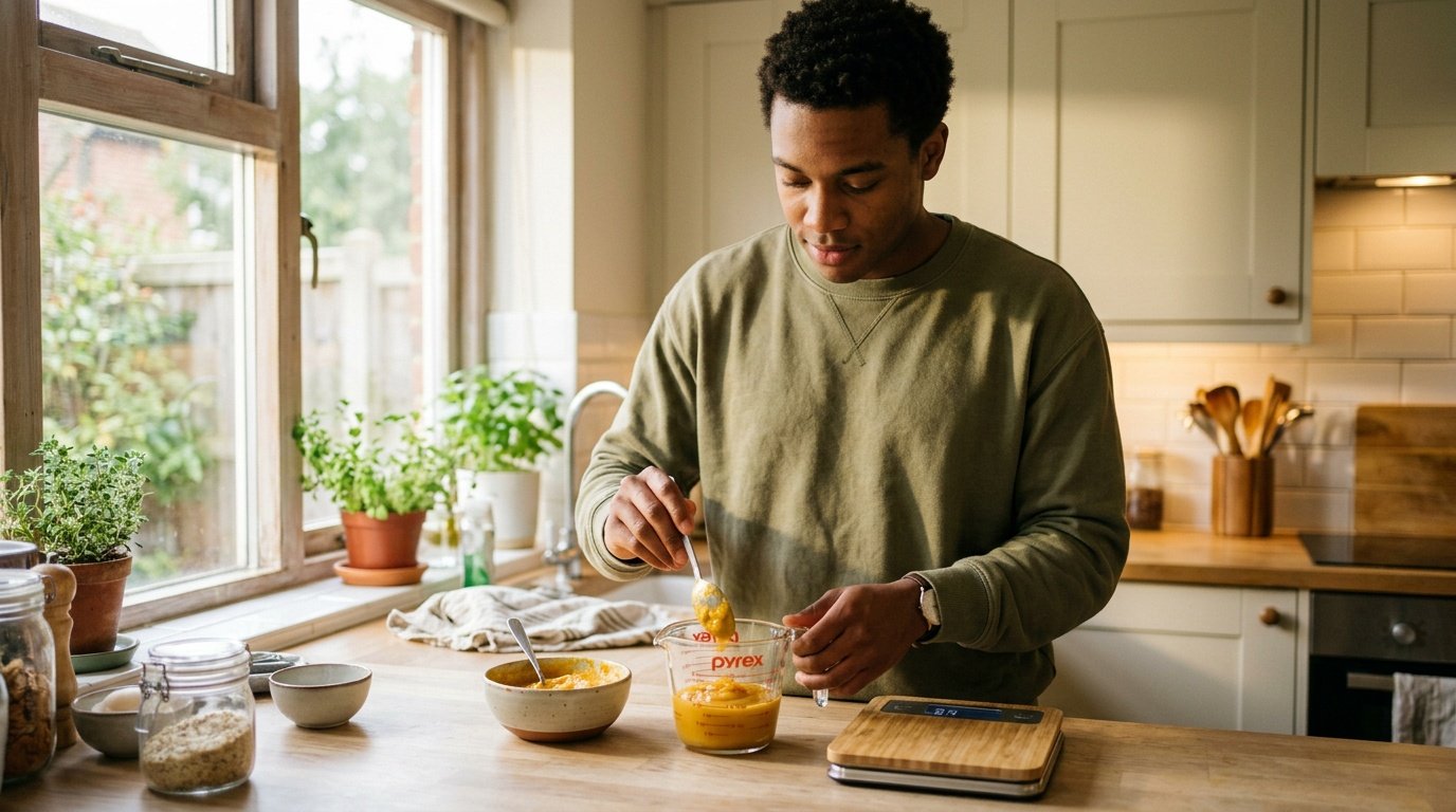 person measuring a small pureed meal portion at home during the six-week gastric bypass healing window