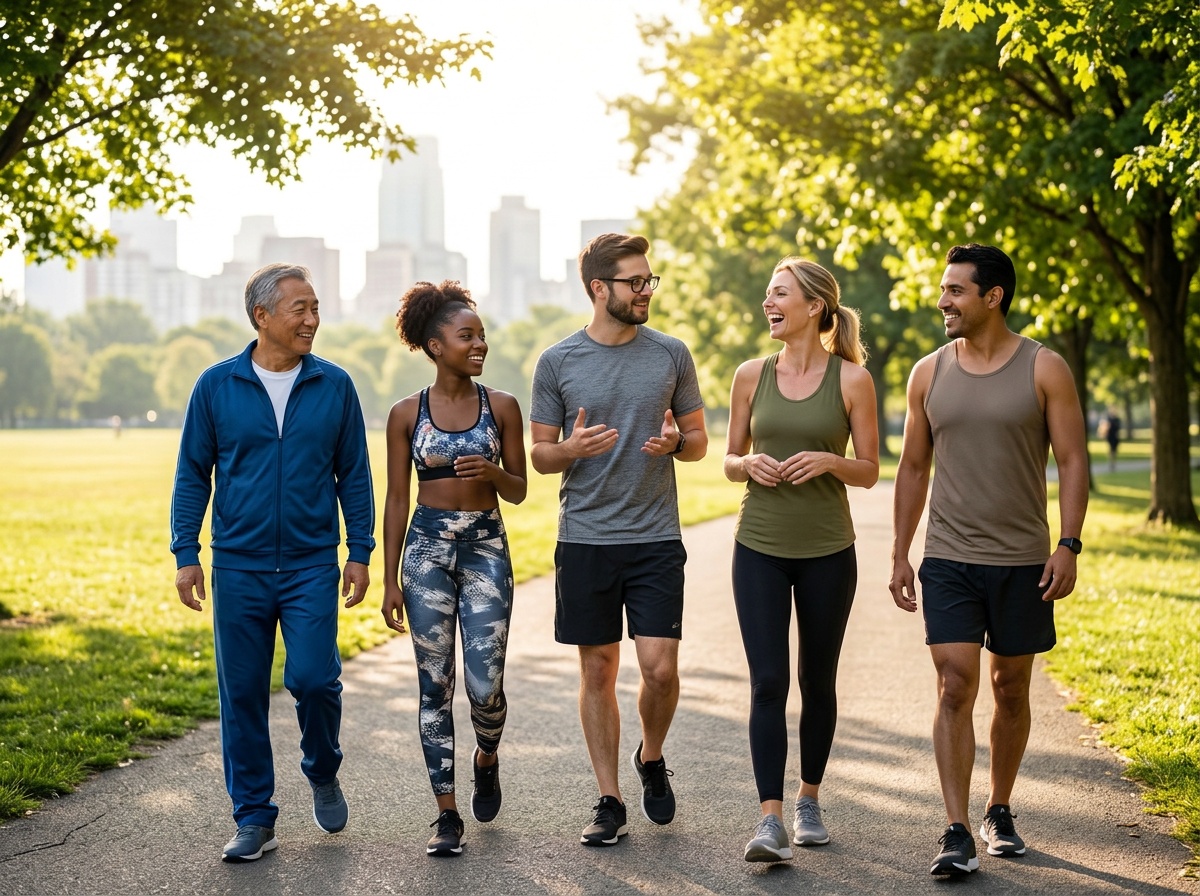 Community of people on a shared health and wellness journey, outdoor group walk with Chief Editor Alan and Senior Health Writer Emma