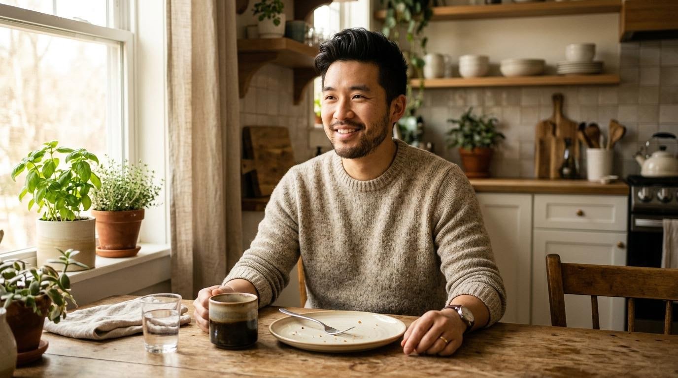 man finishing a satisfying good weight loss breakfast at a sunlit kitchen table