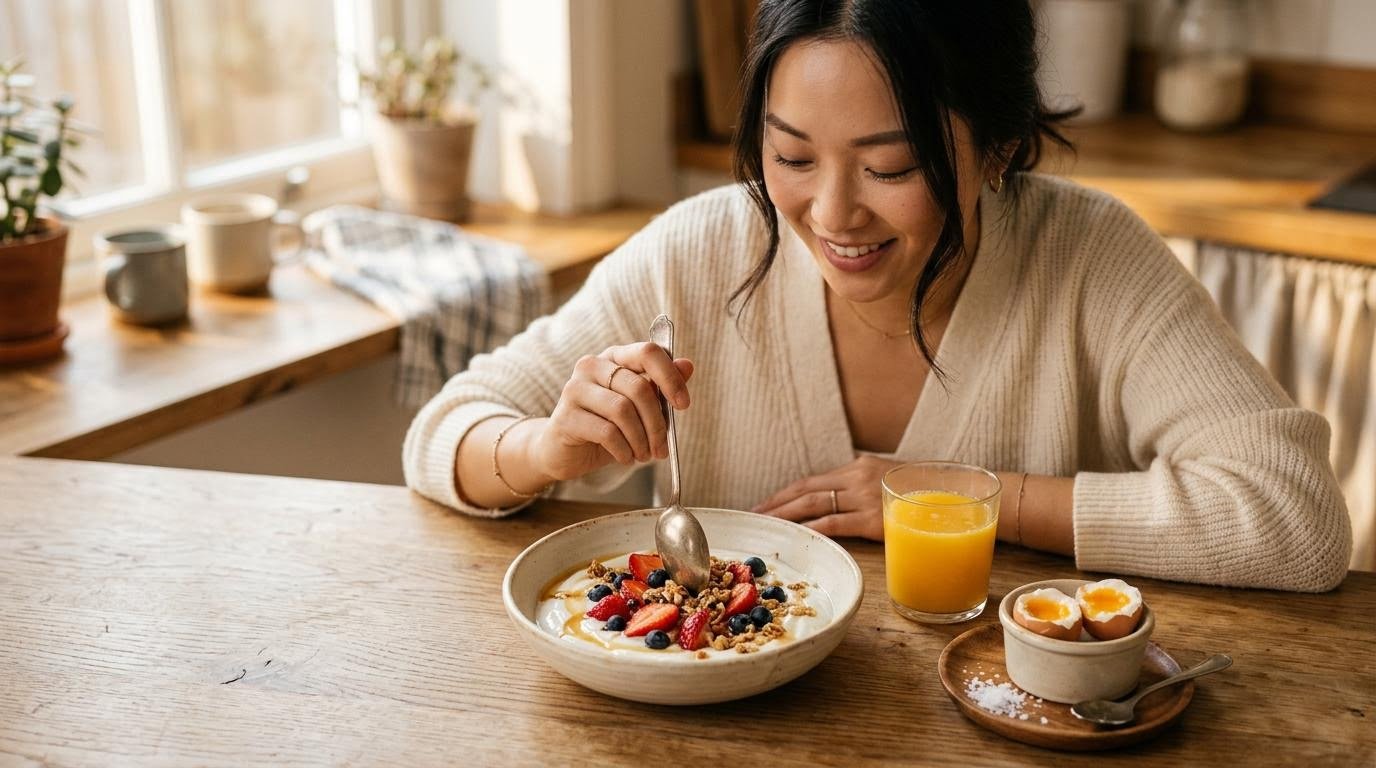 good weight loss breakfast bowl of Greek yogurt with berries and soft-boiled eggs on a kitchen counter