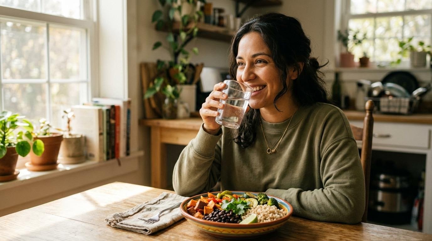 Hispanic woman drinking a glass of water beside a fiber-rich meal of beans and vegetables