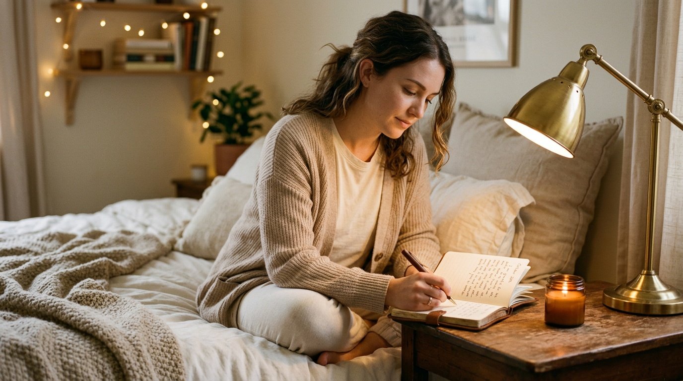 Person writing in a gratitude journal as part of a consistent stress management activities routine