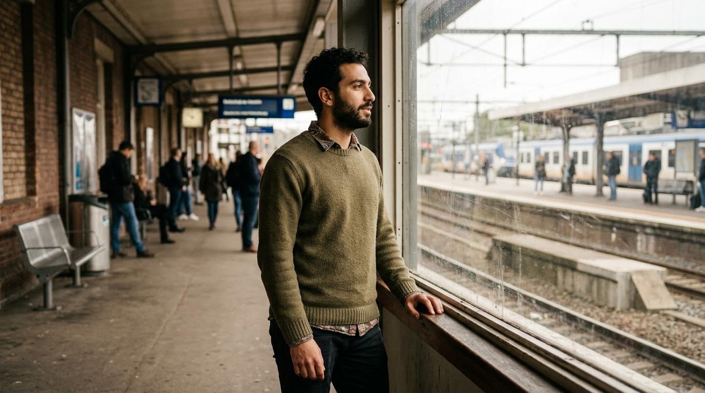 5-4-3-2-1 grounding technique for dissociation demonstrated by a man naming things he sees and touches at a train platform