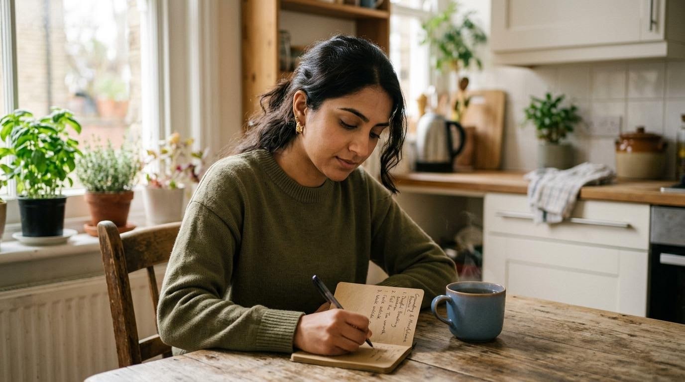 grounding techniques dissociation routine being planned in a notebook at a sunlit kitchen table