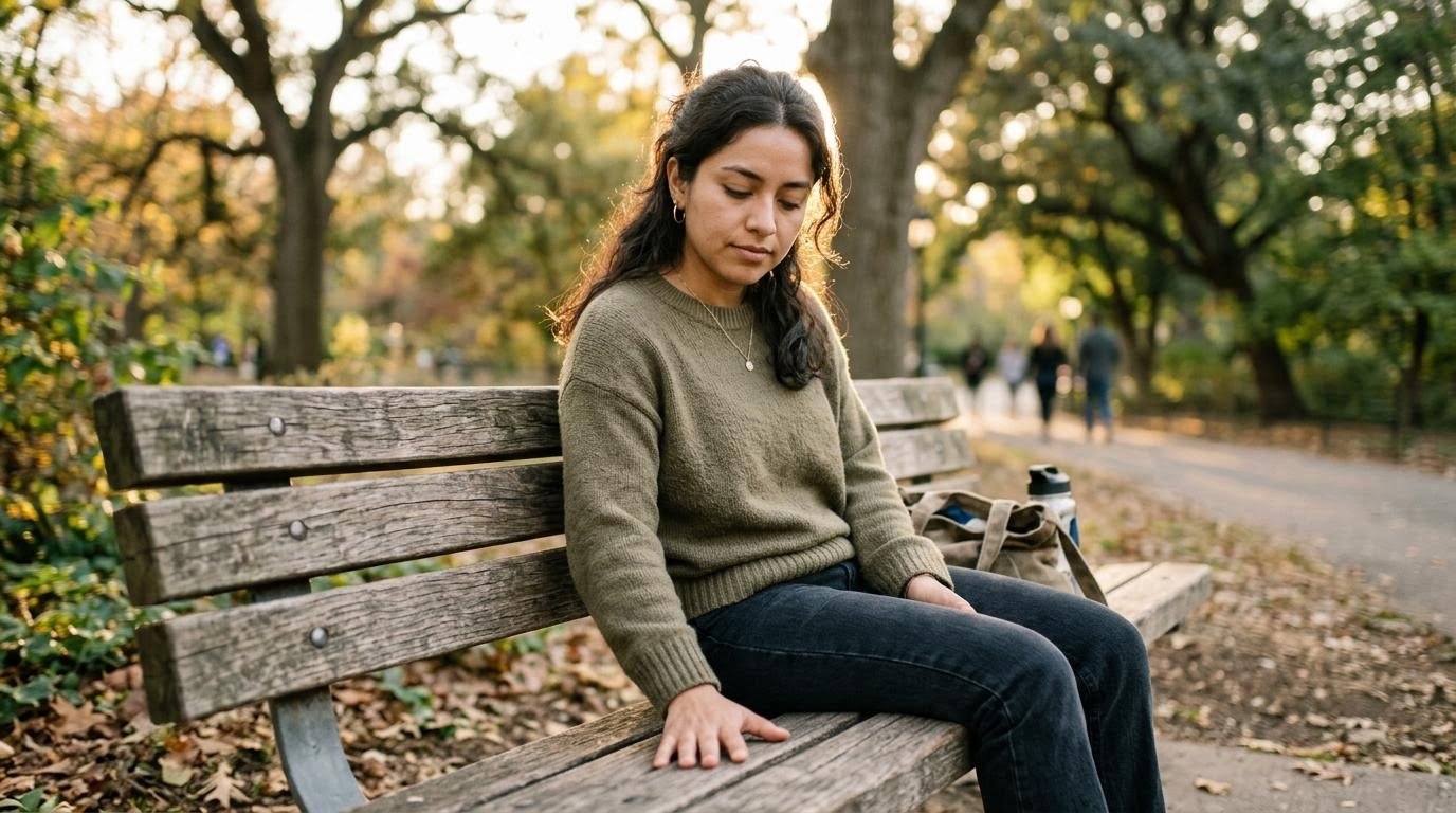 grounding techniques dissociation sufferers use shown as a woman pressing her palm against a park bench to notice physical texture