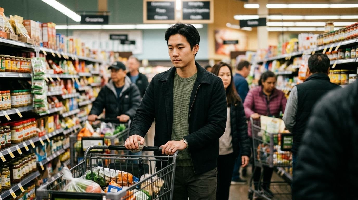how to stop dissociating in public shown as a man resting his hand on a shopping cart handle while grounding himself