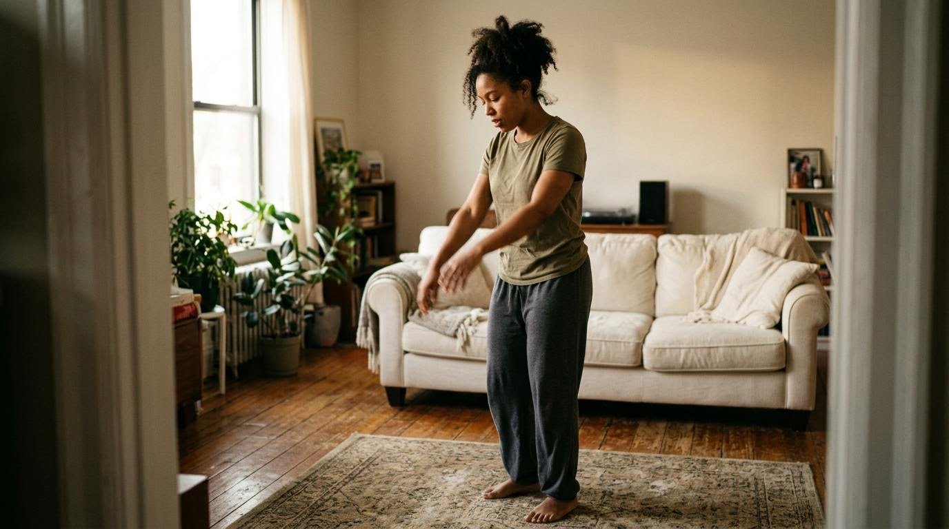 movement-based grounding technique for dissociation shown as a woman shaking out her arms in her living room