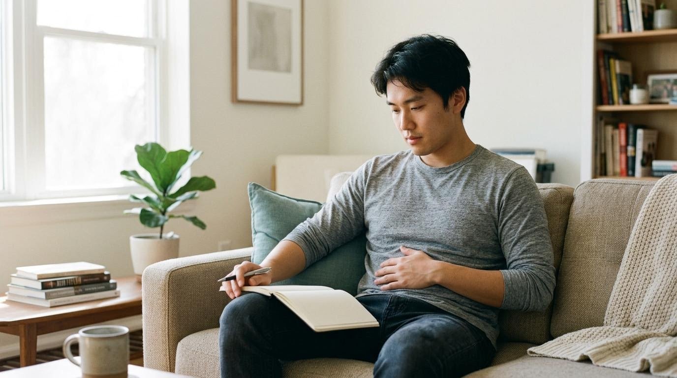 Man on a couch with a notebook and a hand on his abdomen, reflecting on the gut-brain connection and anxiety