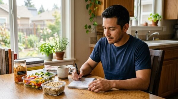 Hispanic/Latino man planning a weekly meal prep with fermented vegetables
